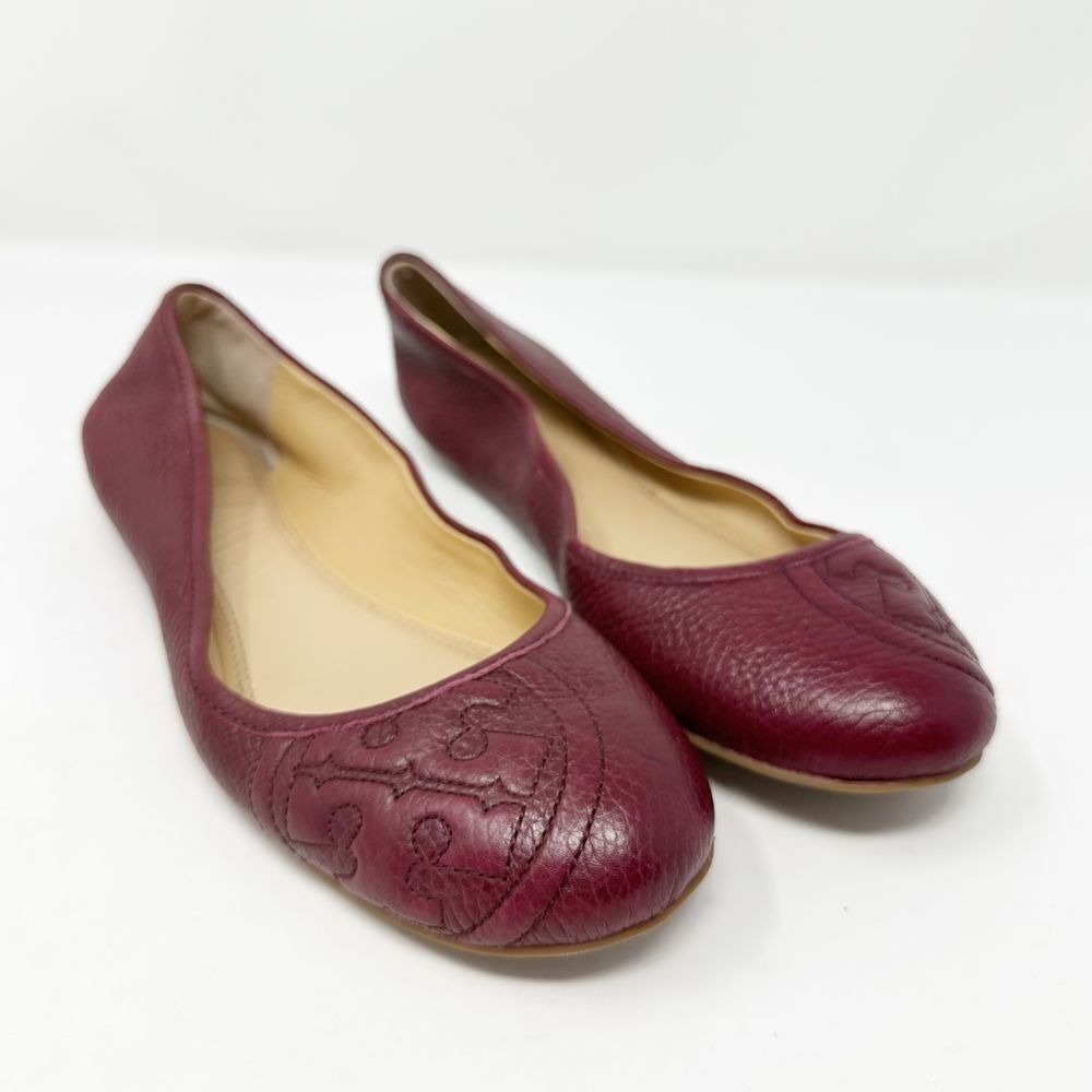 Tory Burch Burgundy Leather Logo Ballet Flats